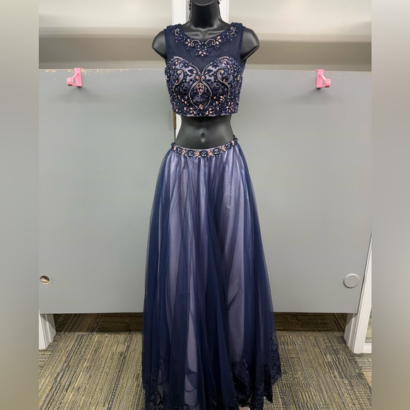 ALYCE PARIS NAVY 2-PIECE PROM DRESS FORMAL PAGEANT GOWN SZ 0 1222